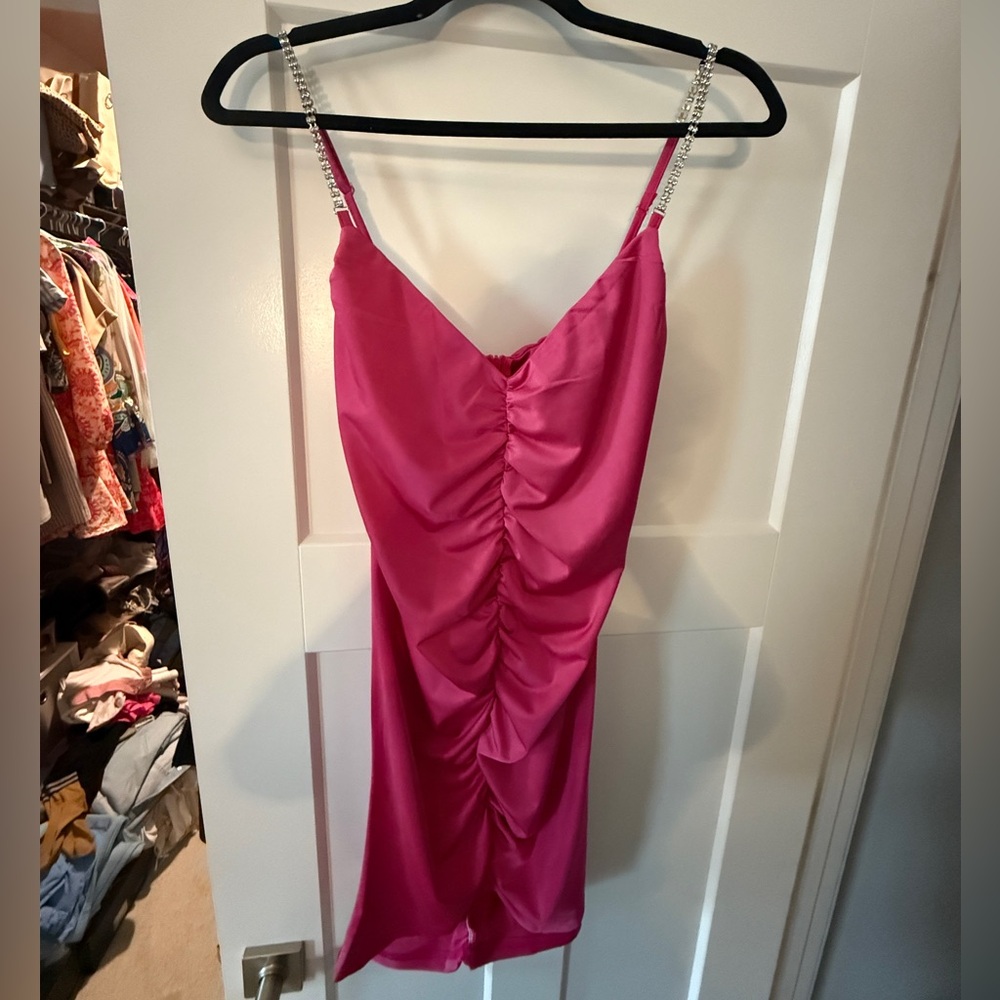 Pink Ruched Dress with Chain Straps
